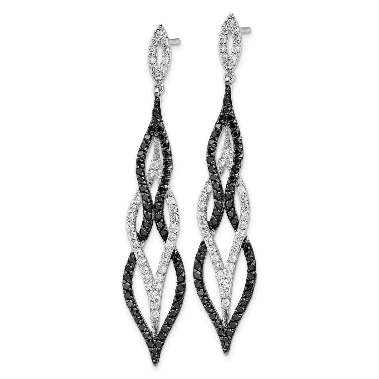 Sterling Silver Dangle Earrings with Black and White Cubic Zirconia, Marquise Link Design