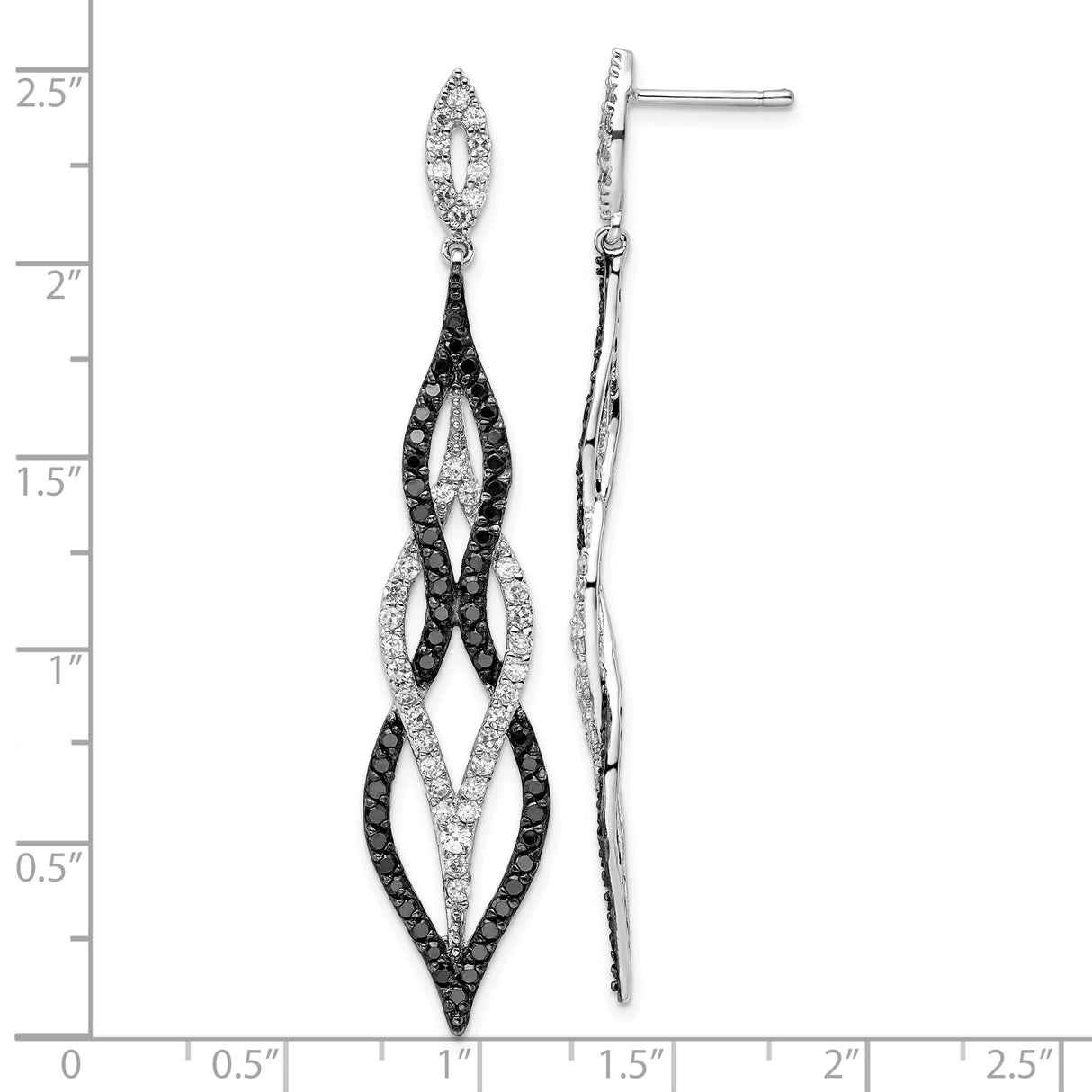 Sterling Silver Dangle Earrings with Black and White Cubic Zirconia, Marquise Link Design