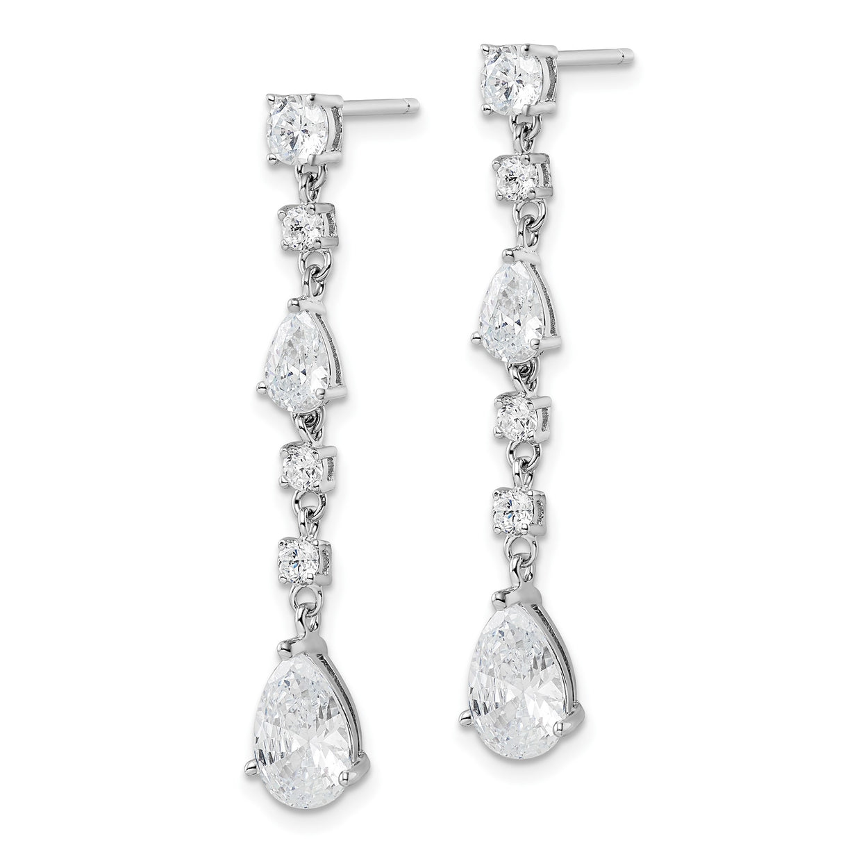 Sterling Silver Drop Earrings with Cascading Cubic Zirconia Baguette, Round, and Pear Stones