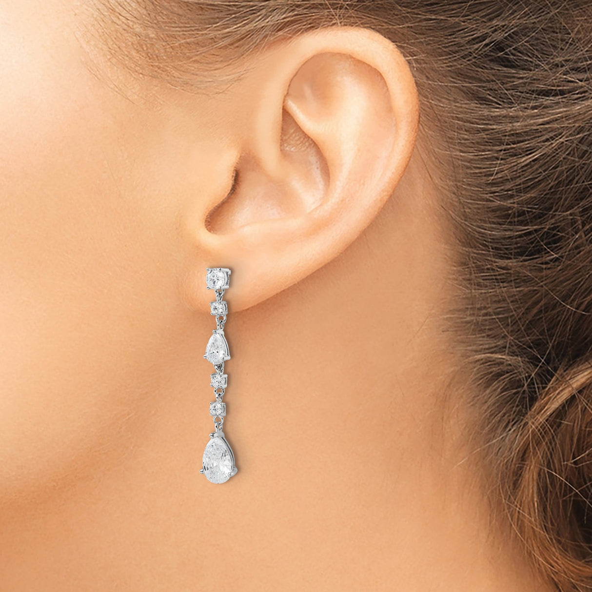 Sterling Silver Drop Earrings with Cascading Cubic Zirconia Baguette, Round, and Pear Stones