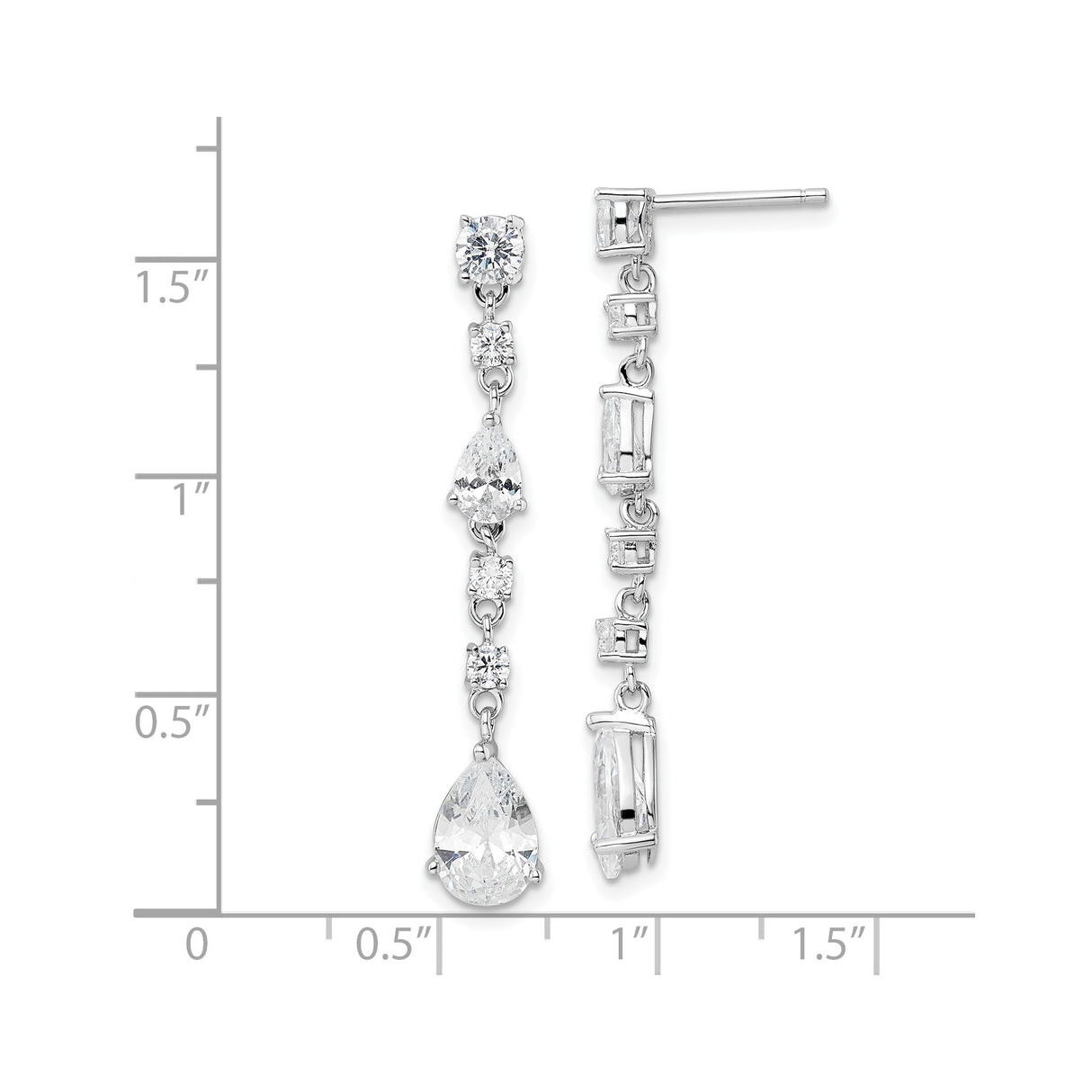 Sterling Silver Drop Earrings with Cascading Cubic Zirconia Baguette, Round, and Pear Stones