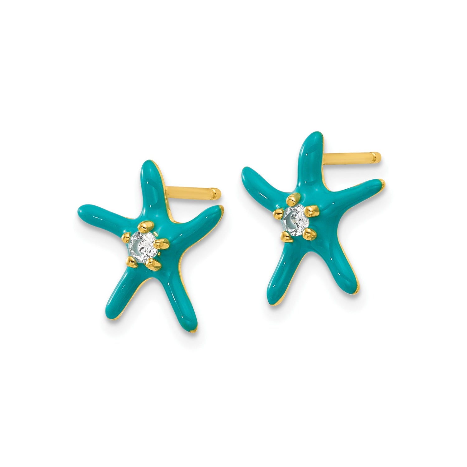 Sterling Silver Starfish Stud Earrings with Turquoise Enamel and Cubic Zirconia Center
