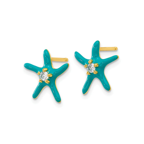 Sterling Silver Starfish Stud Earrings with Turquoise Enamel and Cubic Zirconia Center