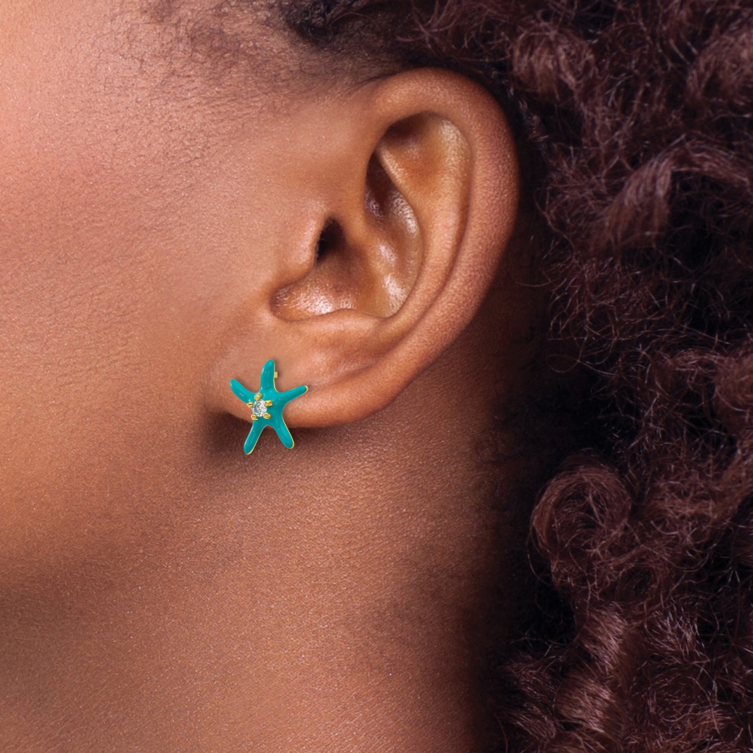 Sterling Silver Starfish Stud Earrings with Turquoise Enamel and Cubic Zirconia Center