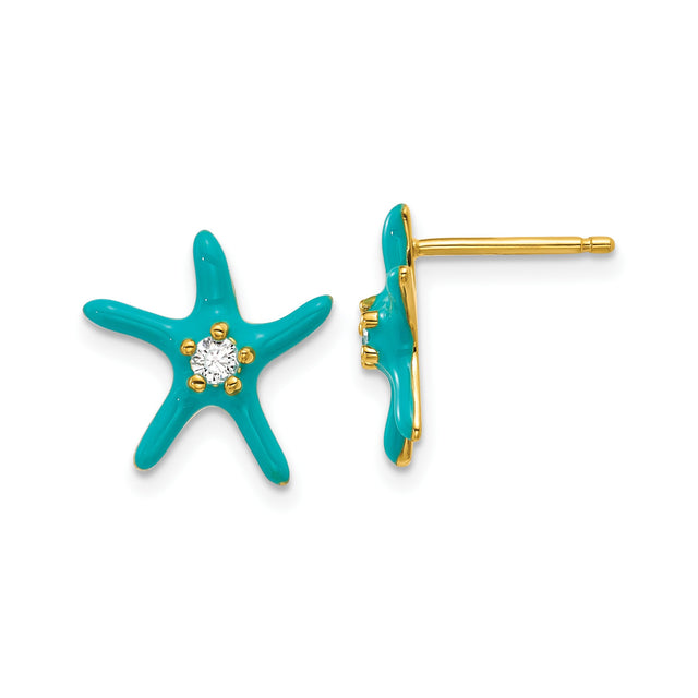 Sterling Silver Starfish Stud Earrings with Turquoise Enamel and Cubic Zirconia Center