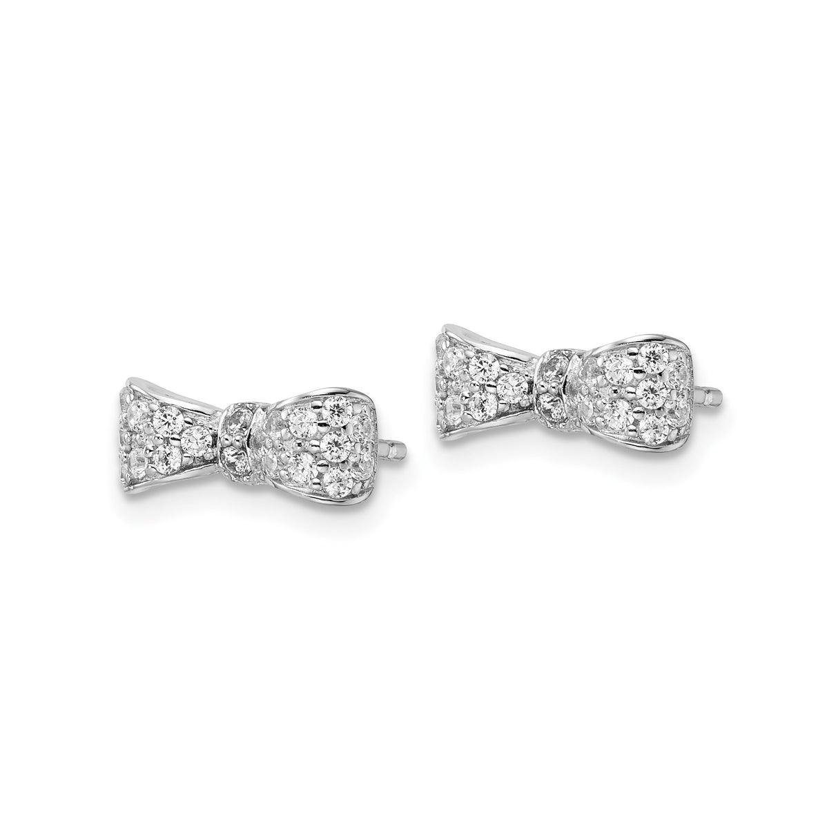 Sterling Silver Bow Stud Earrings with Clear Cubic Zirconia, Petite Rhodium Plated Design for Women