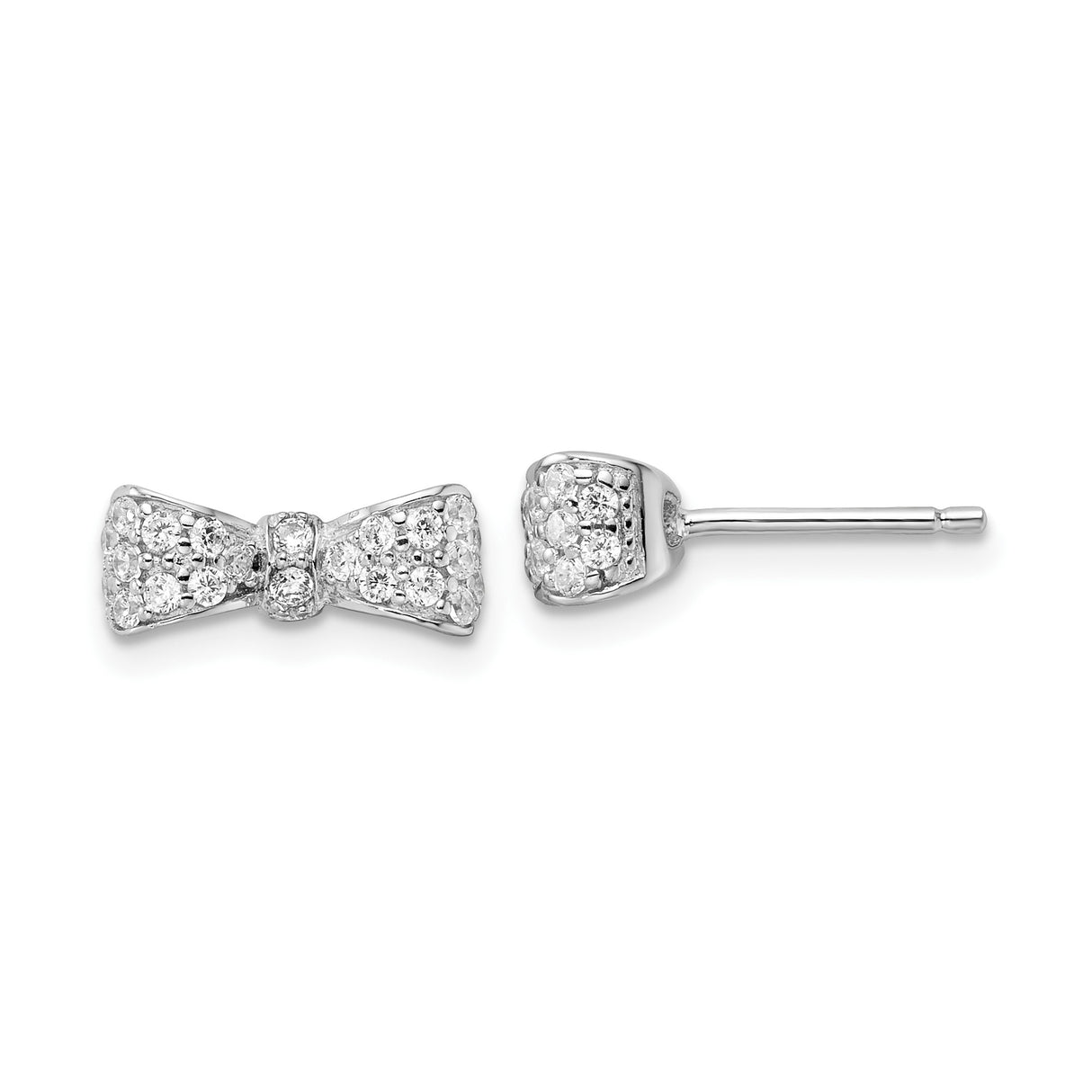 Sterling Silver Bow Stud Earrings with Clear Cubic Zirconia, Petite Rhodium Plated Design for Women