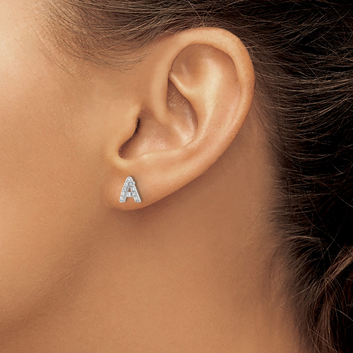 Sterling Silver Letter A Stud Earrings with Cubic Zirconia, Alphabet Initial Design