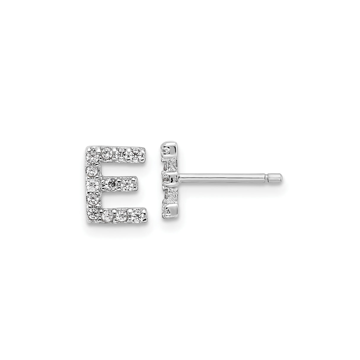 Sterling Silver Letter E Stud Earrings with Cubic Zirconia Accents, Rhodium Plated Monogram Jewelry