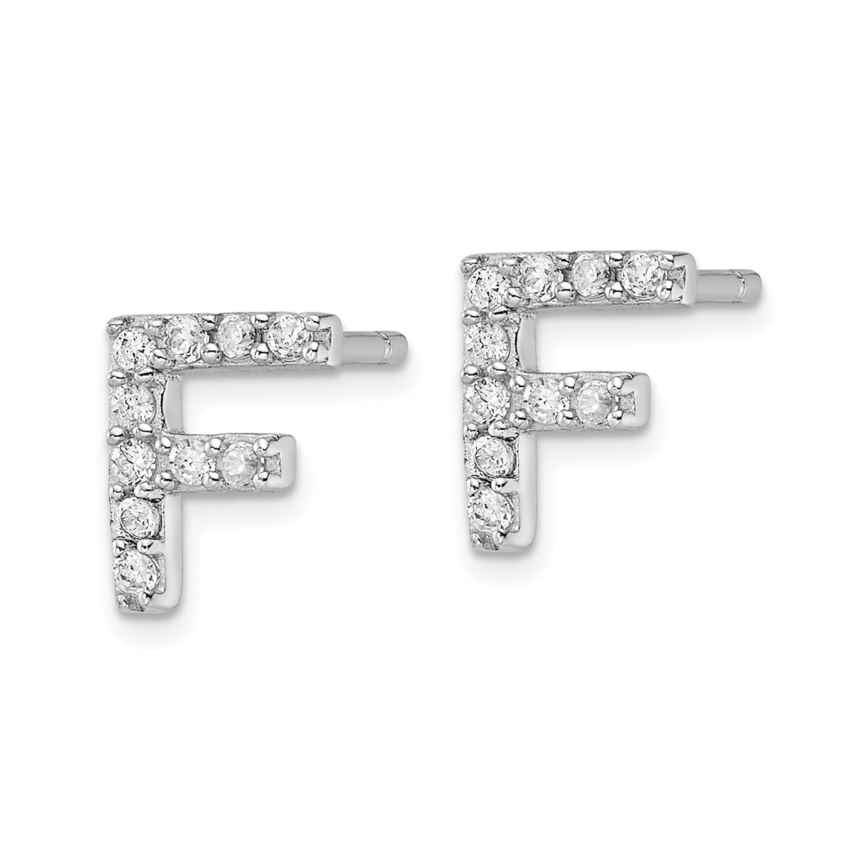 Sterling Silver Letter F Stud Earrings with Cubic Zirconia, Rhodium Plated Initial Design