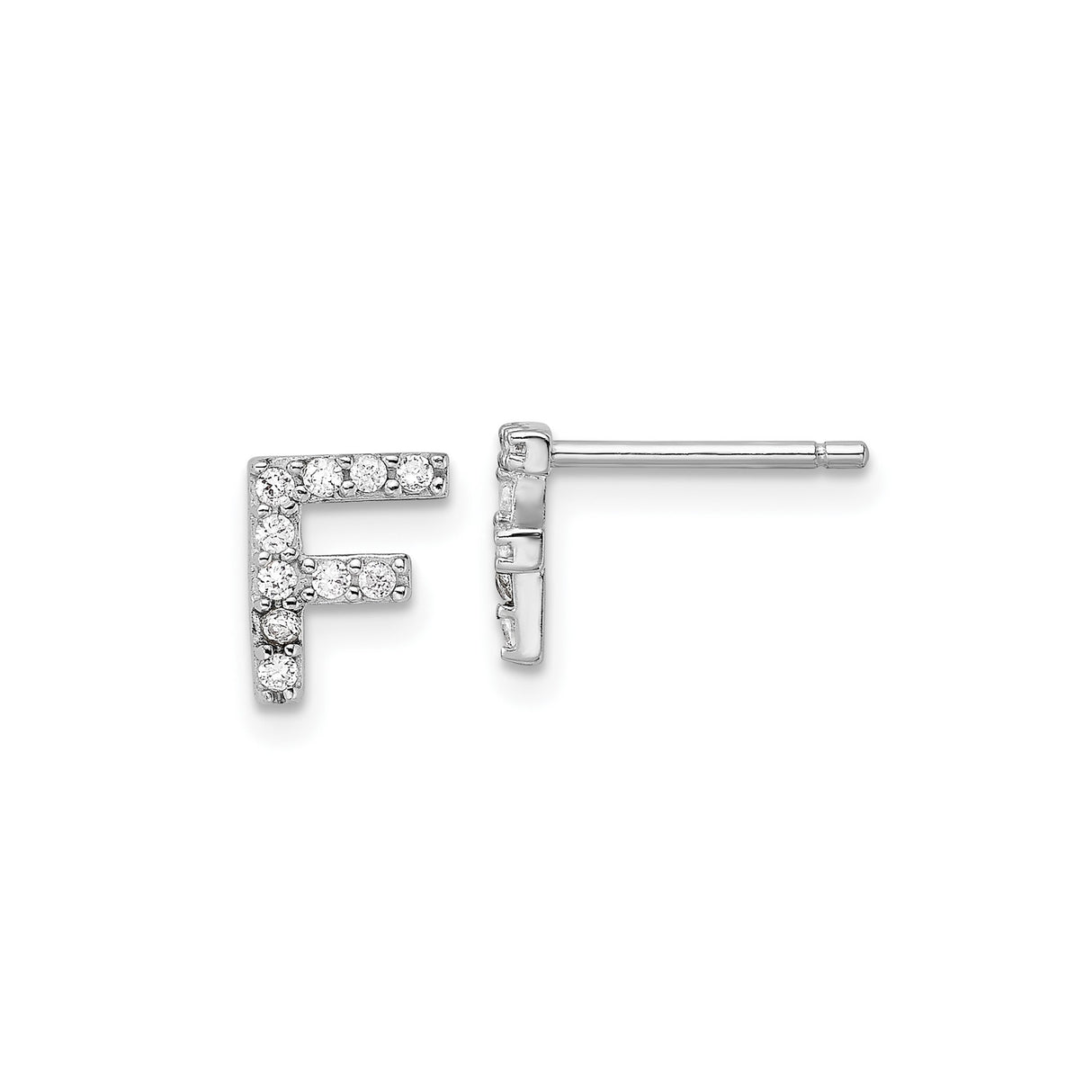 Sterling Silver Letter F Stud Earrings with Cubic Zirconia, Rhodium Plated Initial Design
