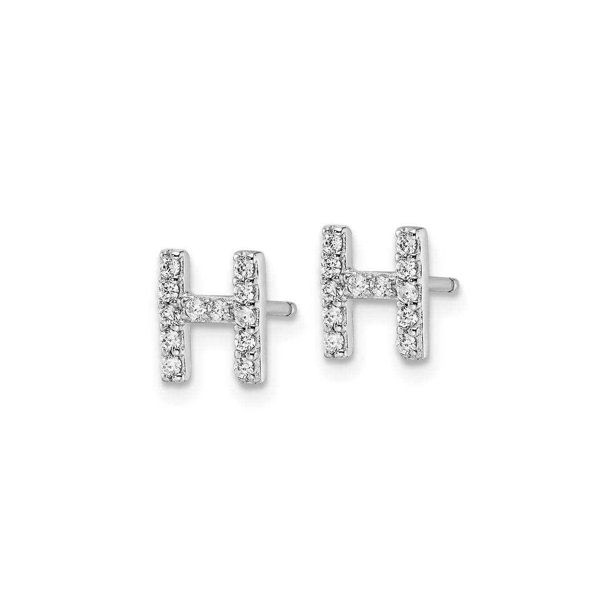 Sterling Silver Letter H Stud Earrings with Cubic Zirconia, Rhodium Plated Initial Design