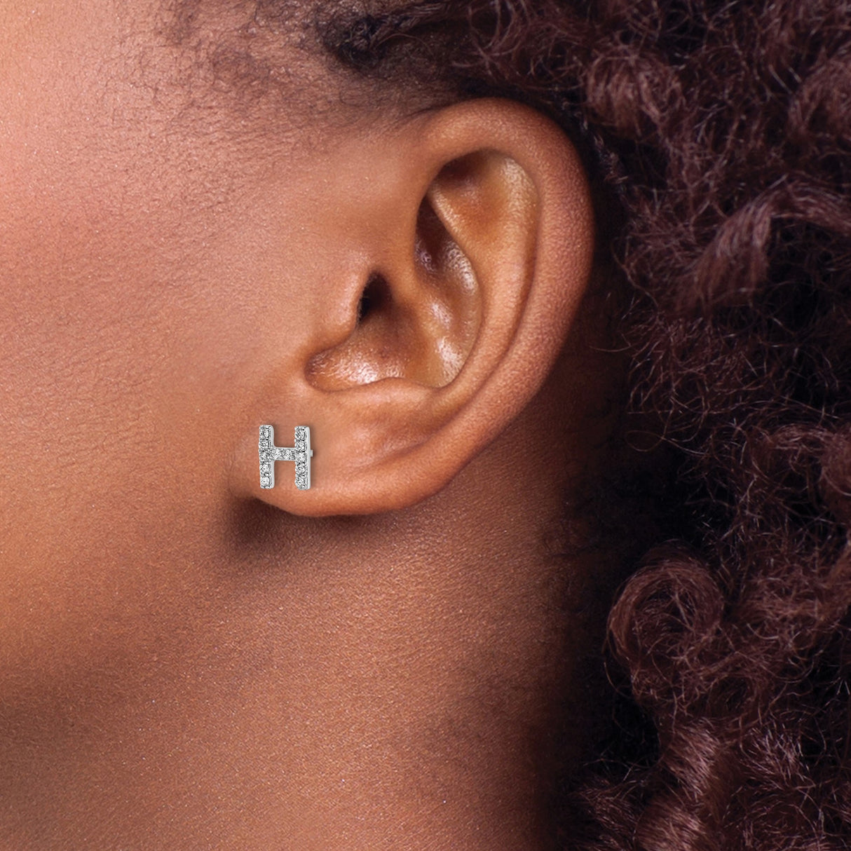 Sterling Silver Letter H Stud Earrings with Cubic Zirconia, Rhodium Plated Initial Design