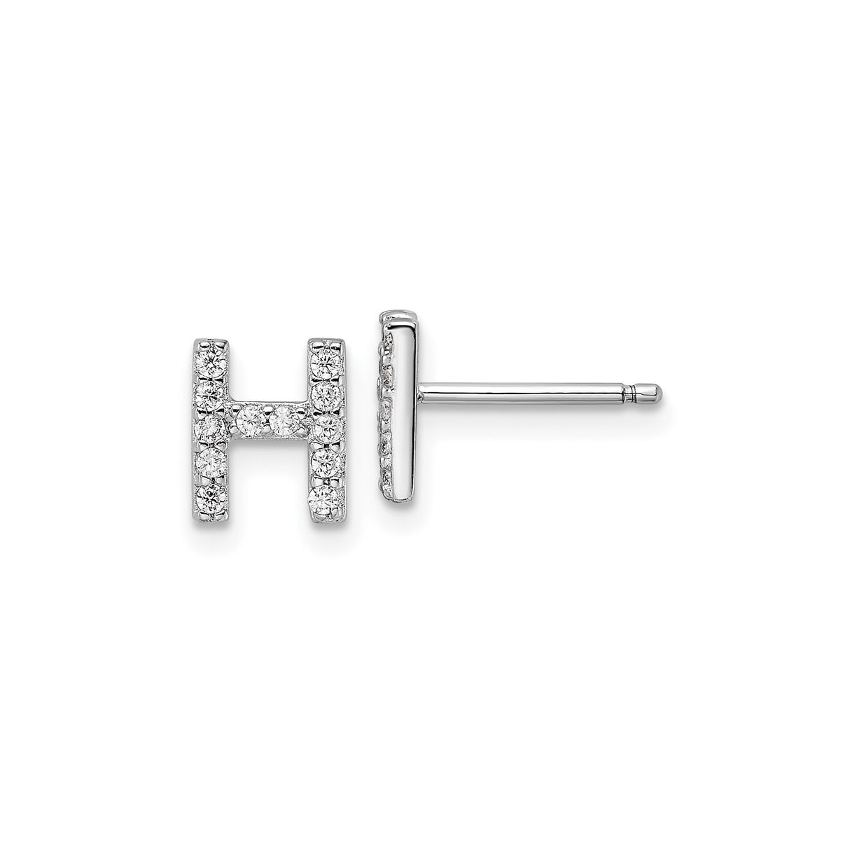 Sterling Silver Letter H Stud Earrings with Cubic Zirconia, Rhodium Plated Initial Design
