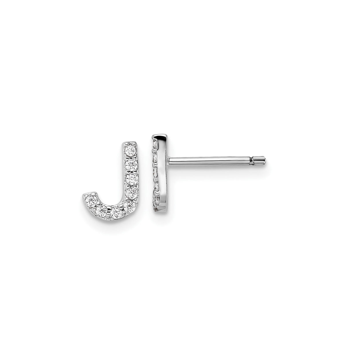 Sterling Silver Initial J Stud Earrings with Cubic Zirconia, Minimalist Letter Design