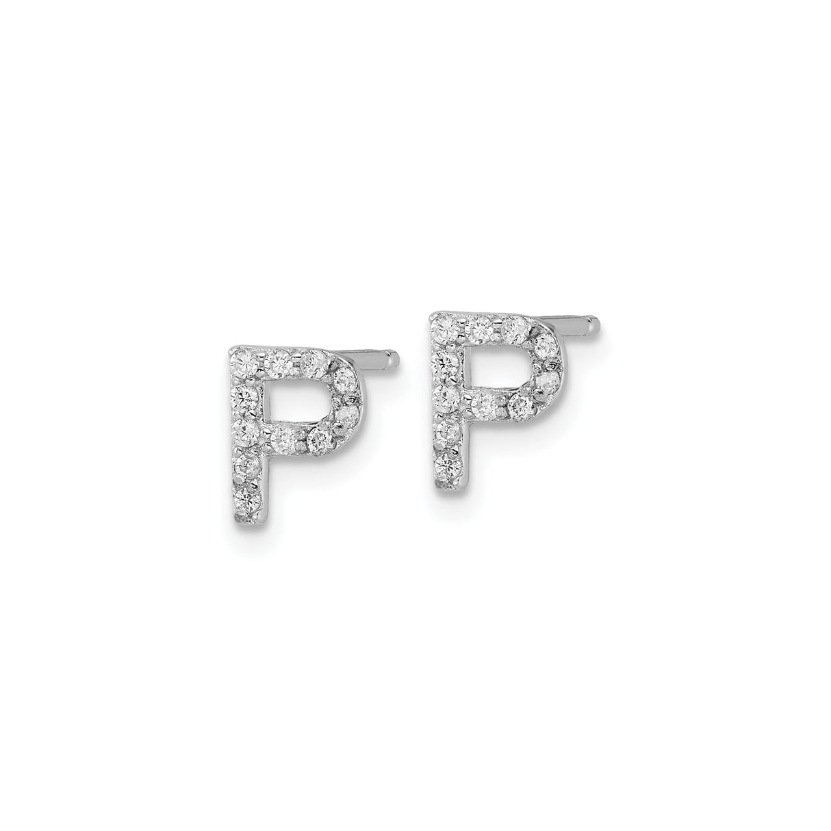 Sterling Silver Letter P Stud Earrings with Clear Cubic Zirconia, Rhodium Plated Initial Design