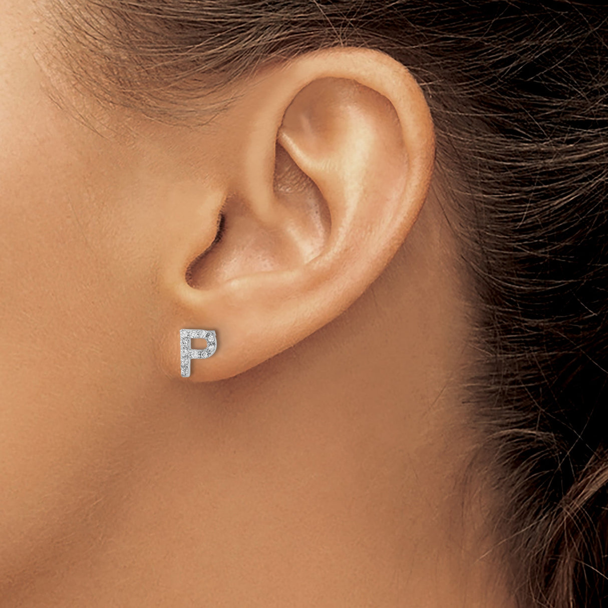 Sterling Silver Letter P Stud Earrings with Clear Cubic Zirconia, Rhodium Plated Initial Design