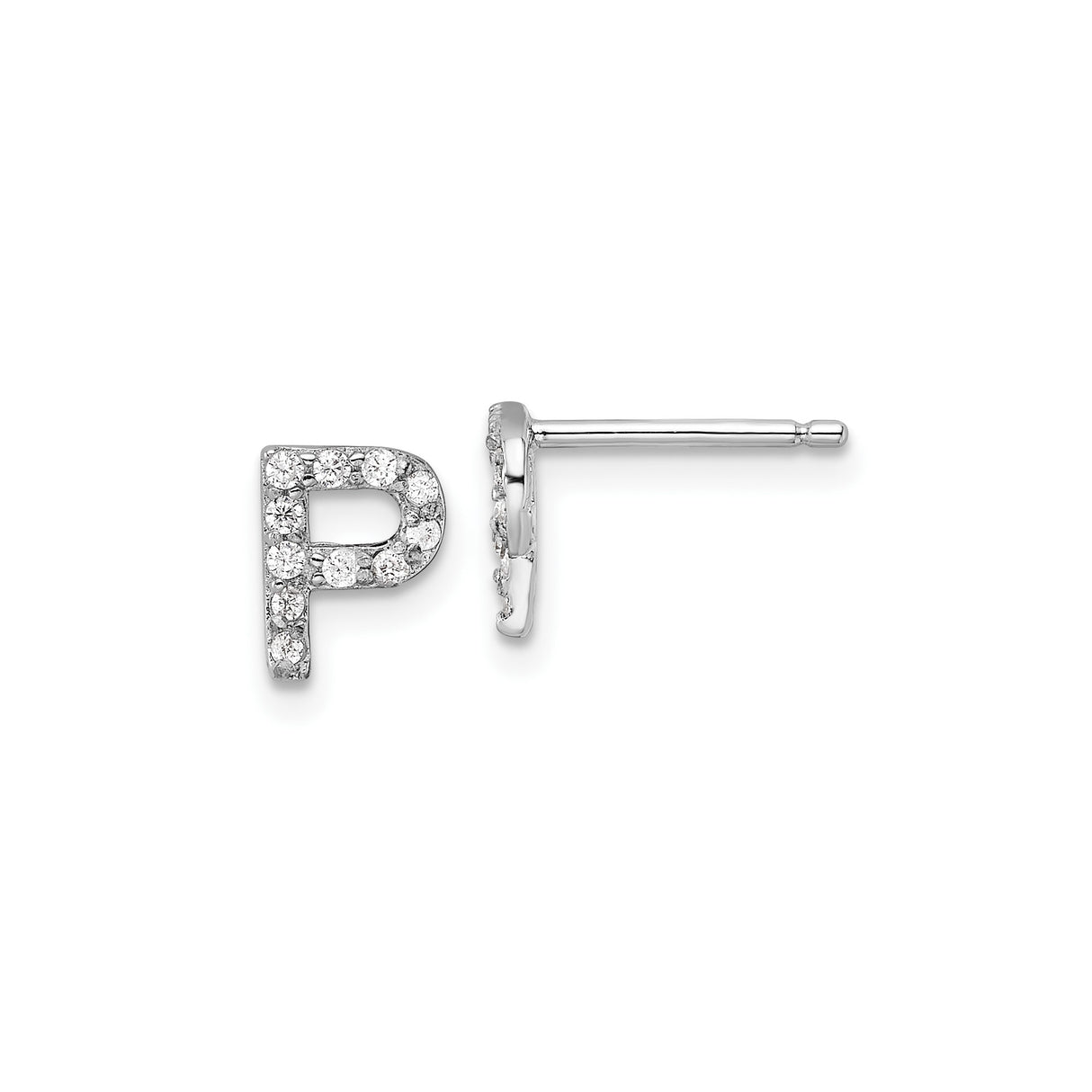 Sterling Silver Letter P Stud Earrings with Clear Cubic Zirconia, Rhodium Plated Initial Design