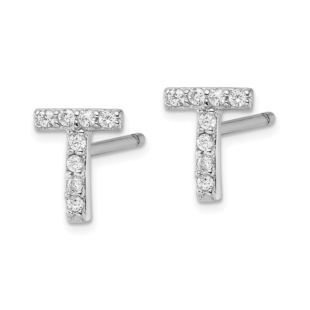 Sterling Silver Letter T Stud Earrings with Cubic Zirconia, Rhodium Plated Minimalist Design