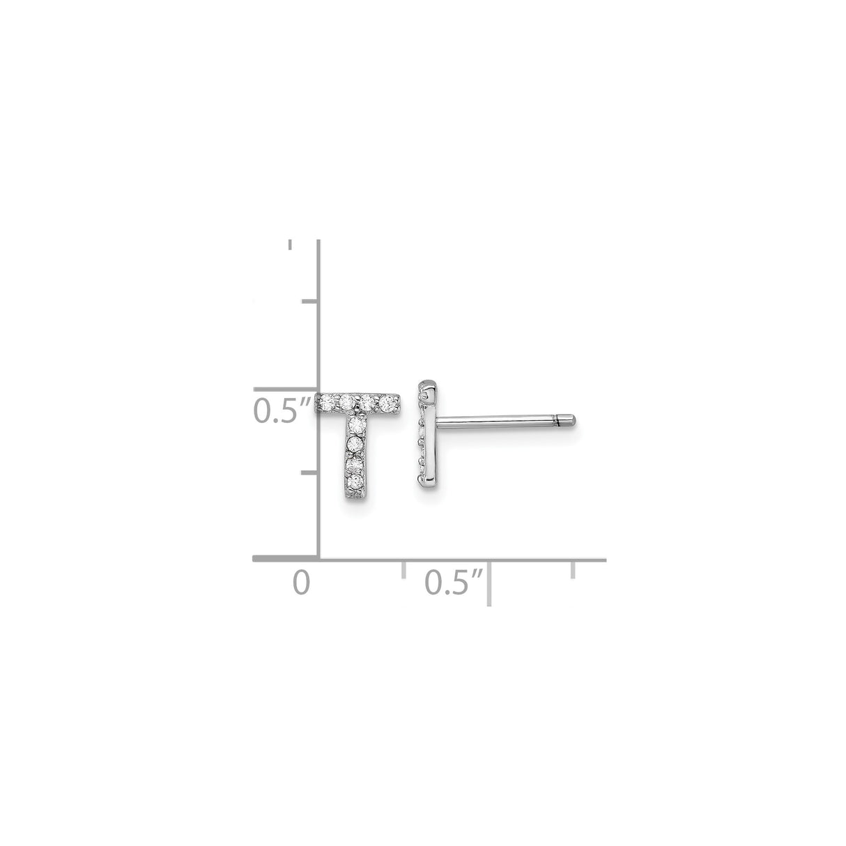 Sterling Silver Letter T Stud Earrings with Cubic Zirconia, Rhodium Plated Minimalist Design