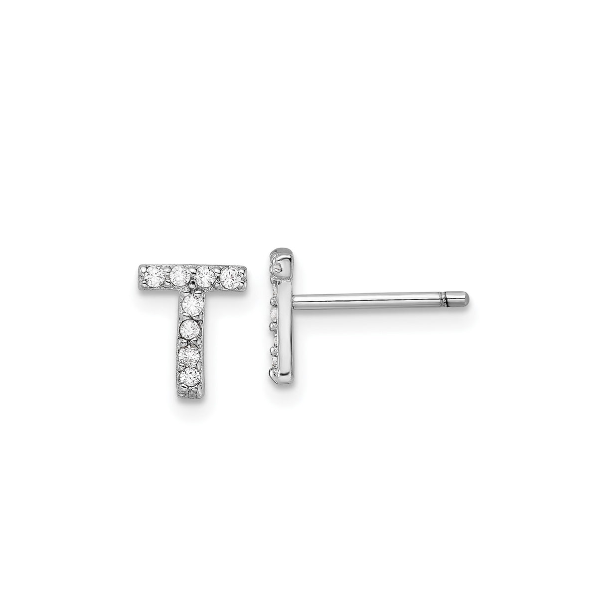 Sterling Silver Letter T Stud Earrings with Cubic Zirconia, Rhodium Plated Minimalist Design