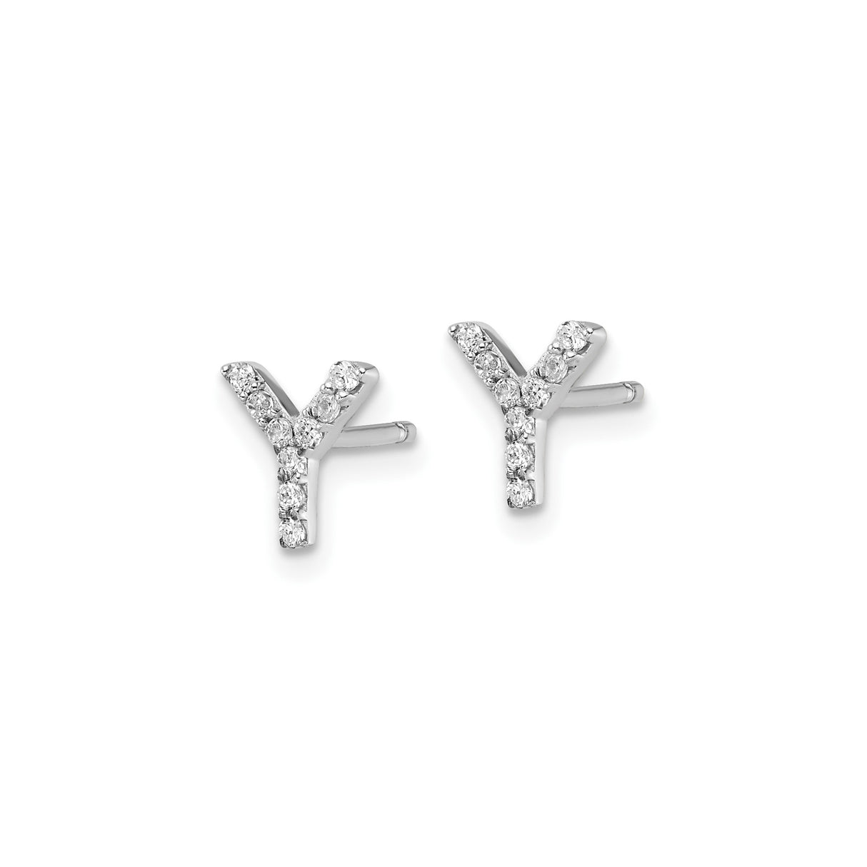 Sterling Silver Letter Y Stud Earrings with Clear Cubic Zirconia, Rhodium Plated Initial Design