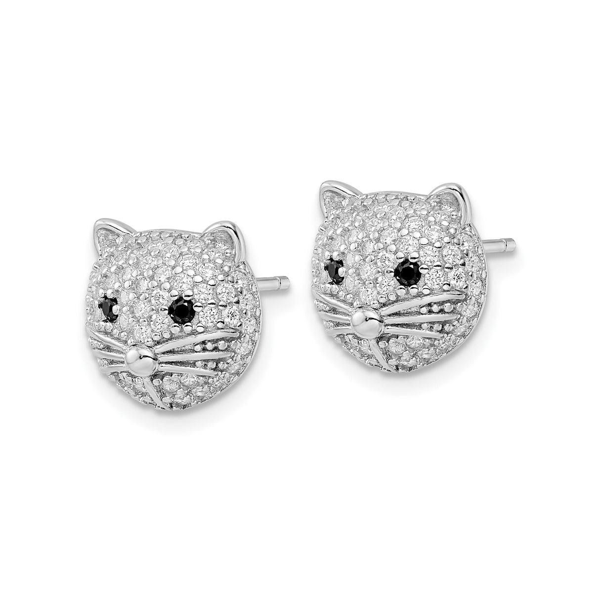 Sterling Silver Cat Stud Earrings with Cubic Zirconia and Black Gemstone Eyes