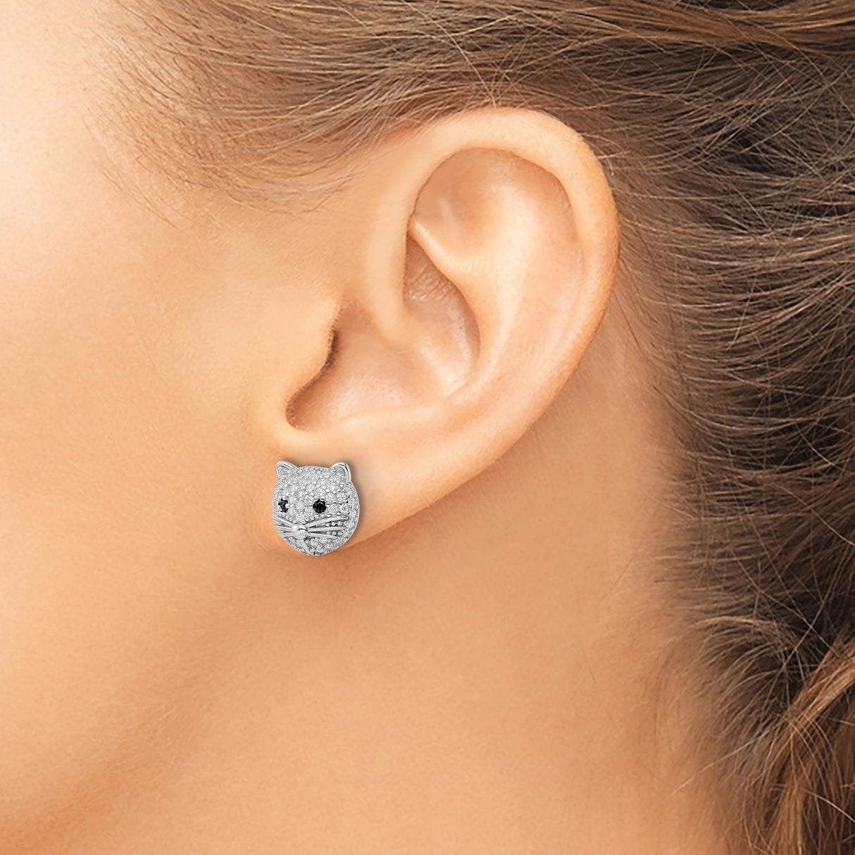 Sterling Silver Cat Stud Earrings with Cubic Zirconia and Black Gemstone Eyes