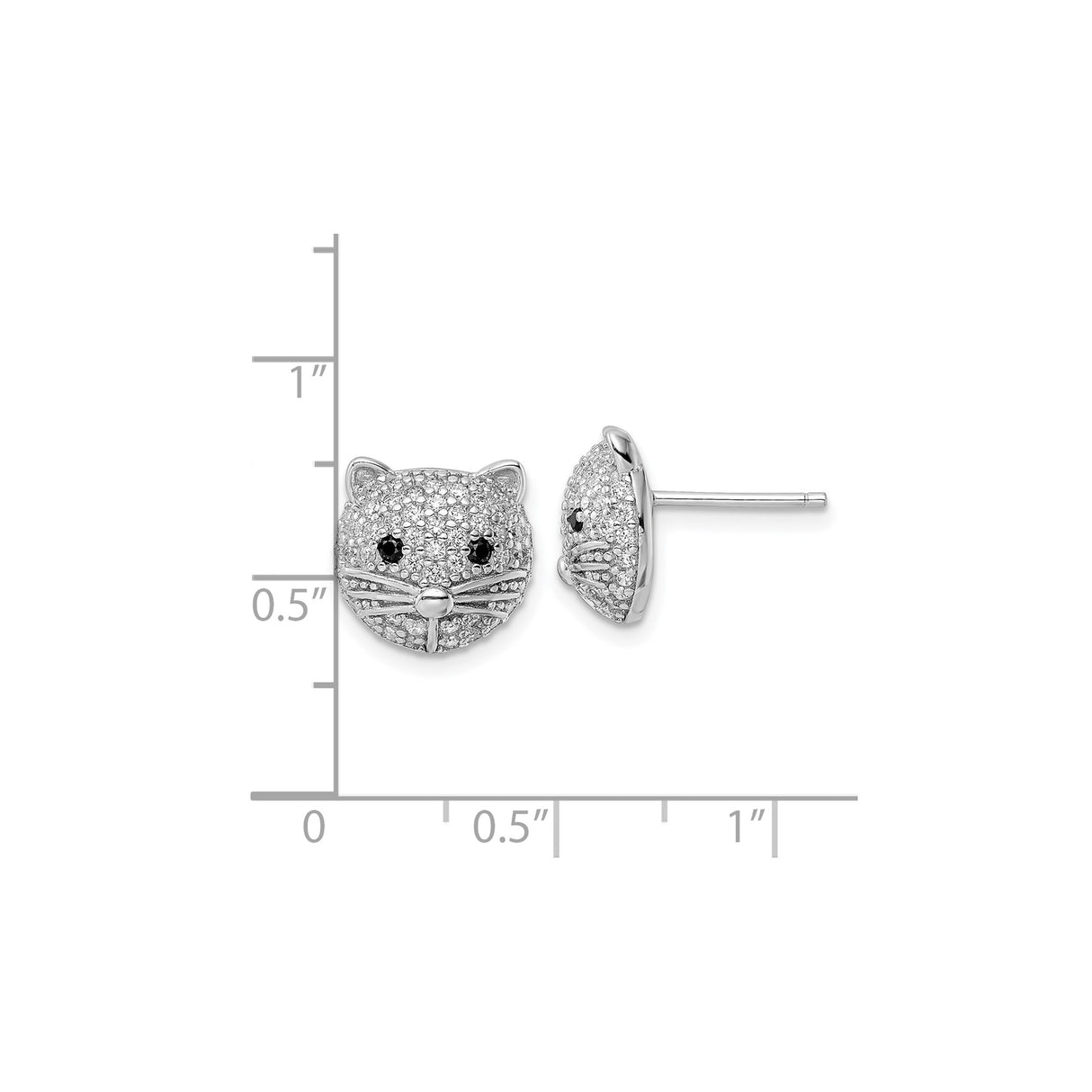 Sterling Silver Cat Stud Earrings with Cubic Zirconia and Black Gemstone Eyes