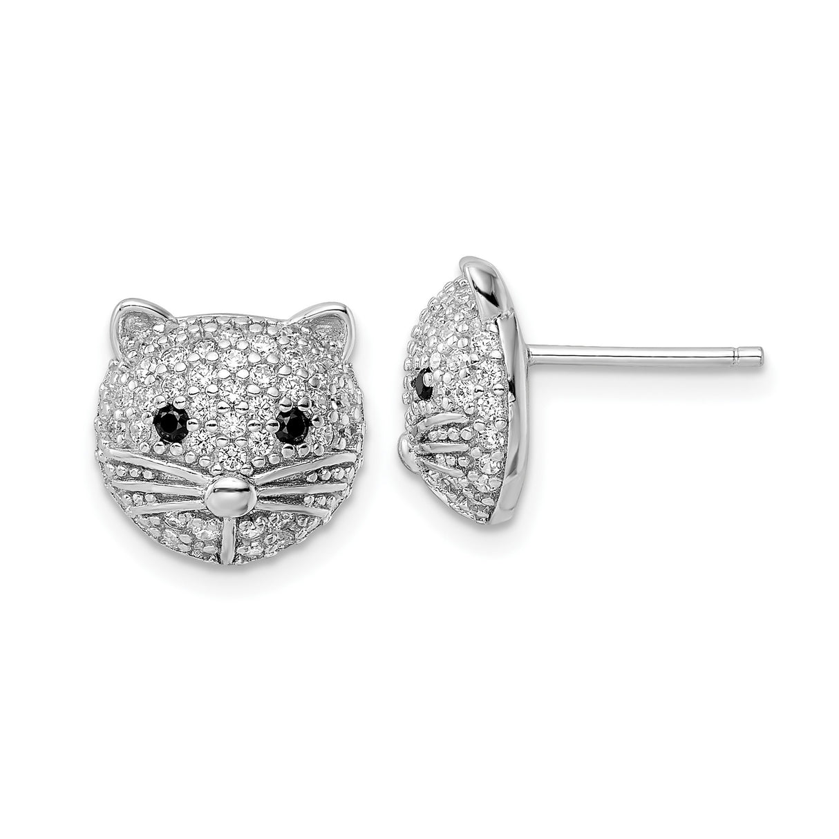 Sterling Silver Cat Stud Earrings with Cubic Zirconia and Black Gemstone Eyes