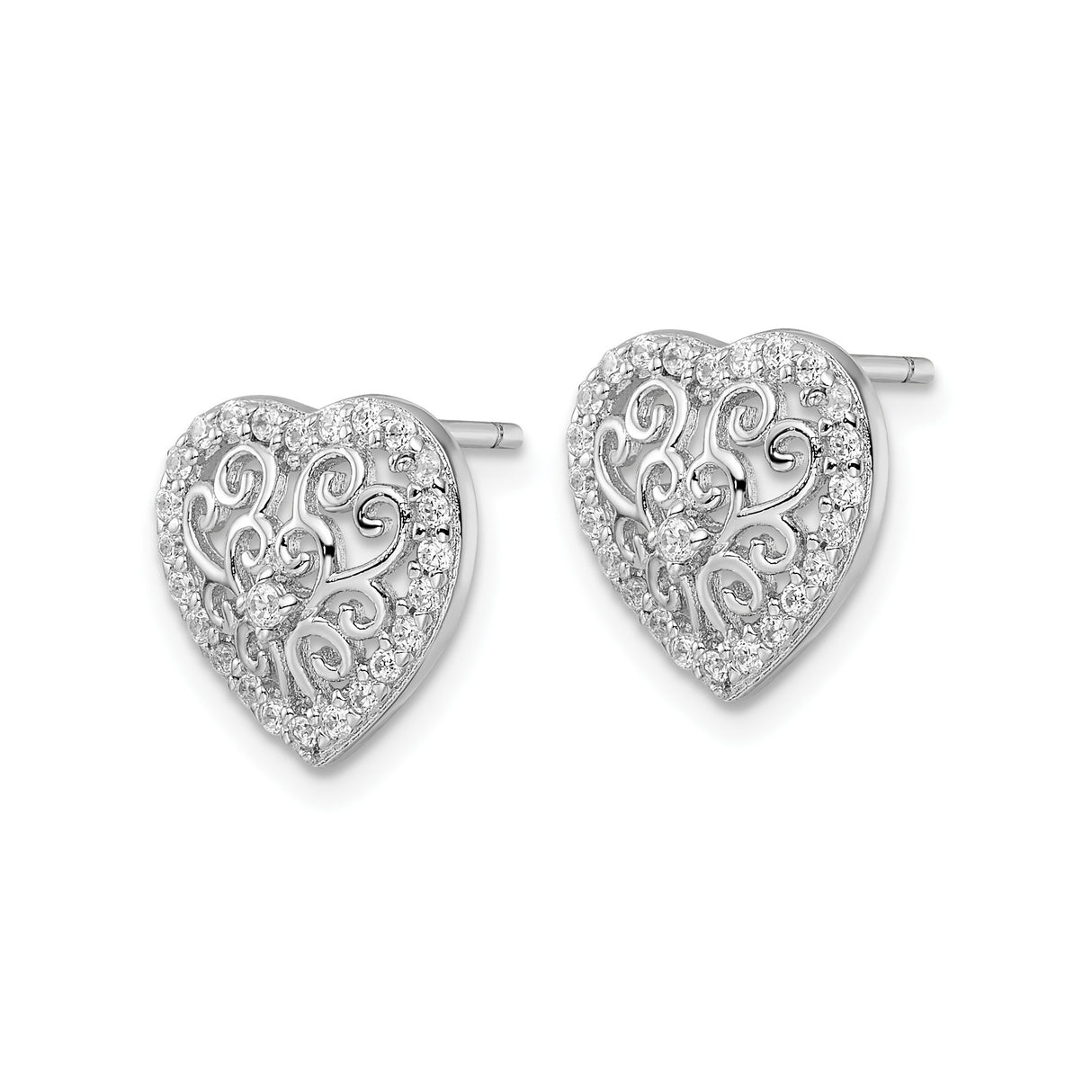 Sterling Silver Heart Stud Earrings with Cubic Zirconia and Filigree Swirl Design