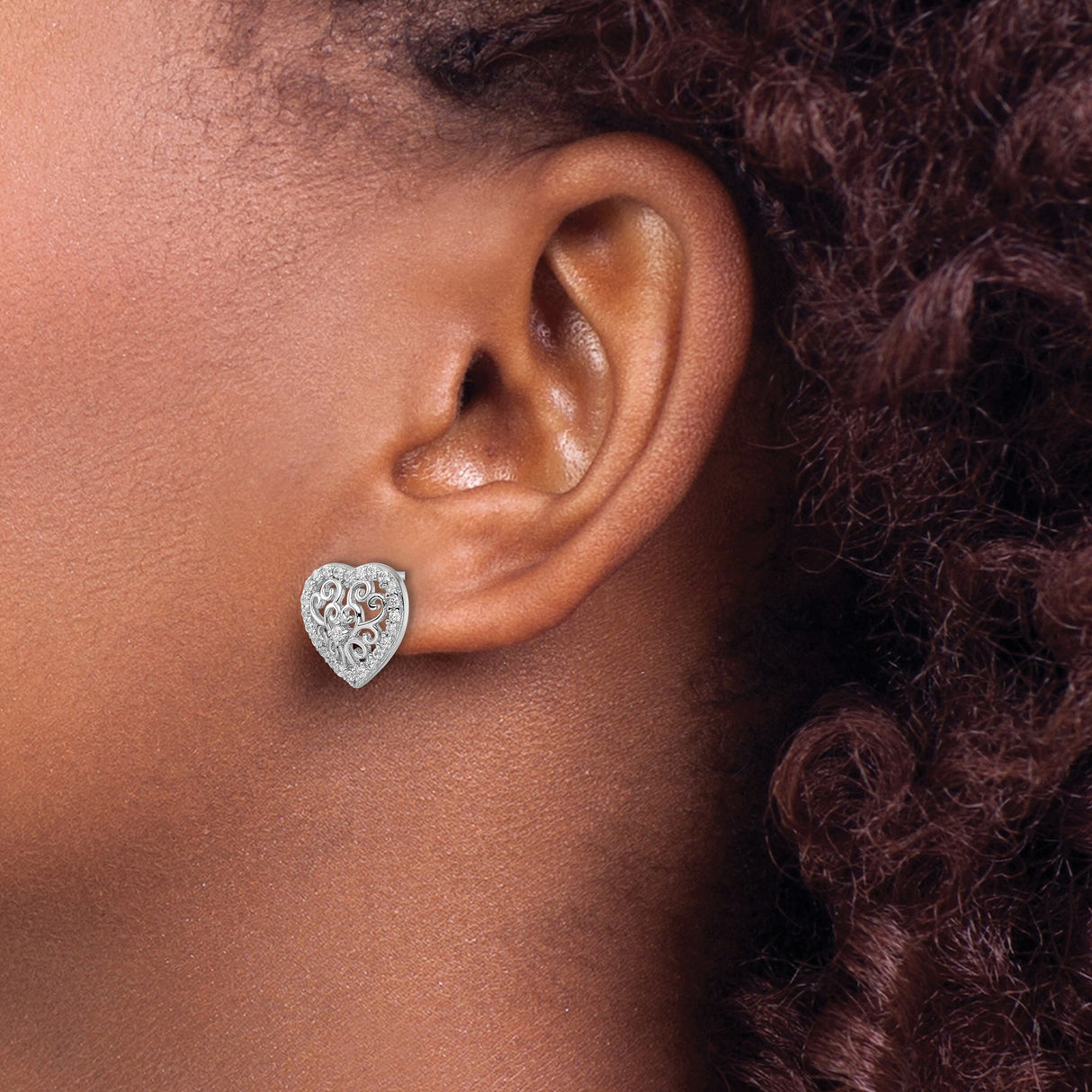 Sterling Silver Heart Stud Earrings with Cubic Zirconia and Filigree Swirl Design