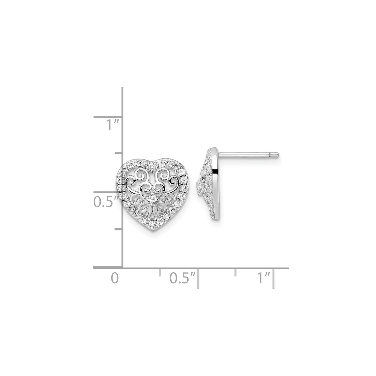 Sterling Silver Heart Stud Earrings with Cubic Zirconia and Filigree Swirl Design