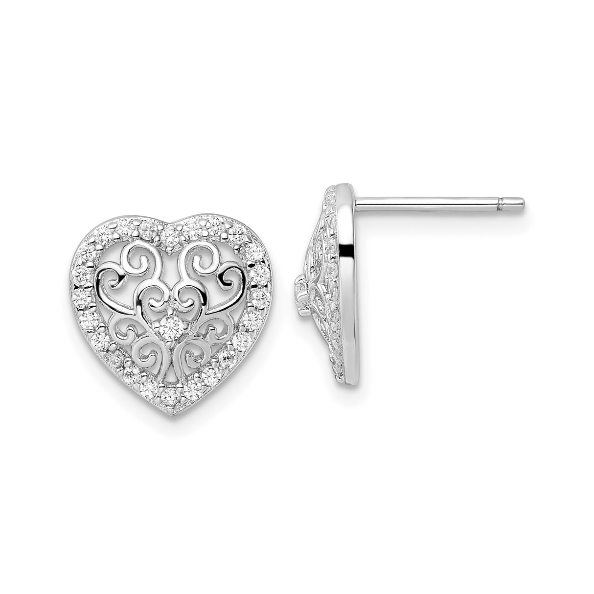 Sterling Silver Heart Stud Earrings with Cubic Zirconia and Filigree Swirl Design