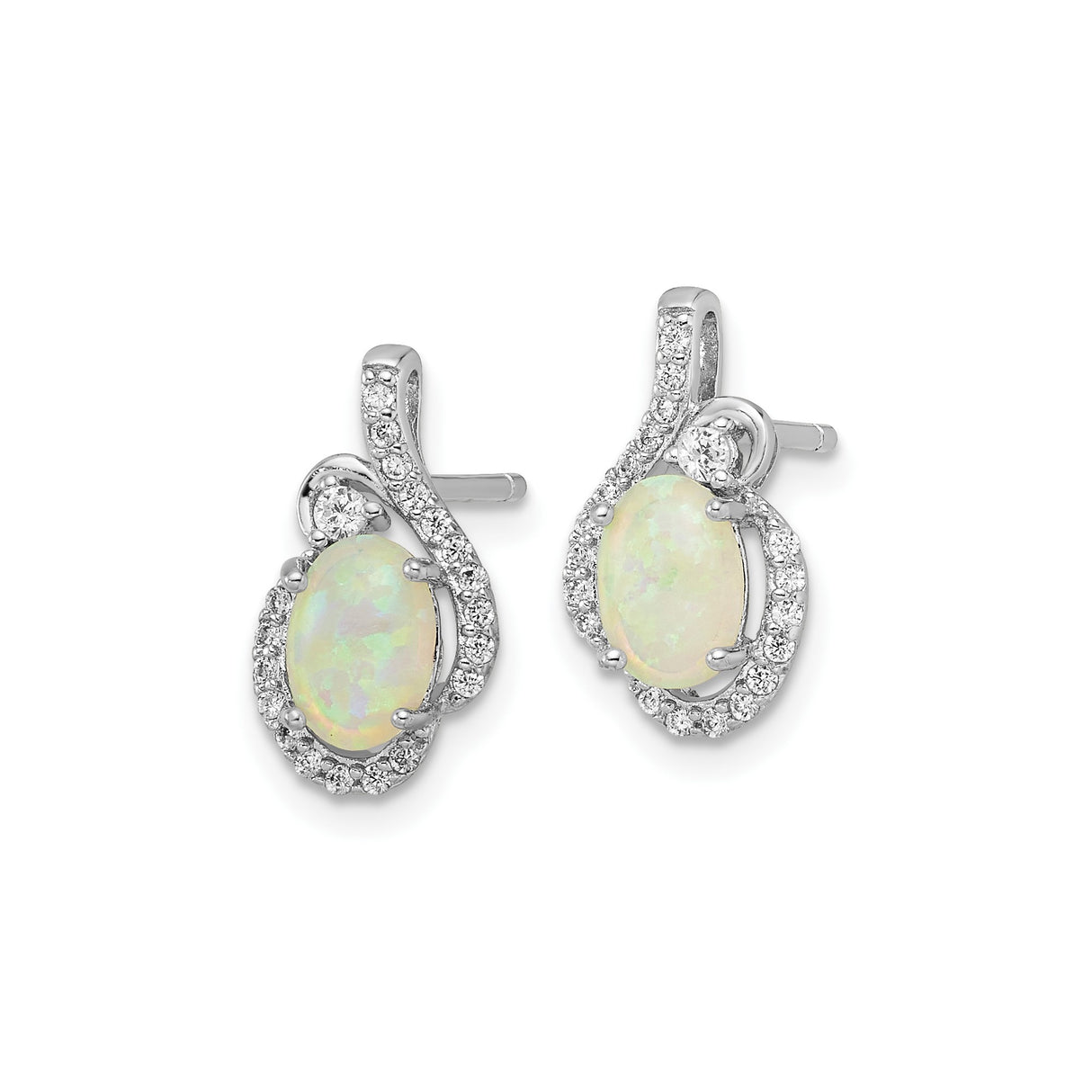 Sterling Silver Opal Stud Earrings with Cubic Zirconia, Oval Lab Created Stone, Swirl Design
