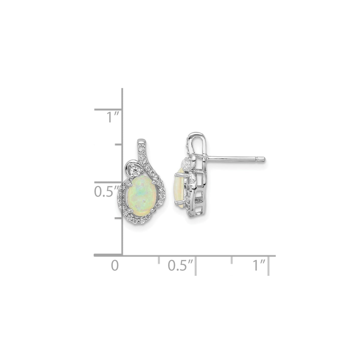 Sterling Silver Opal Stud Earrings with Cubic Zirconia, Oval Lab Created Stone, Swirl Design