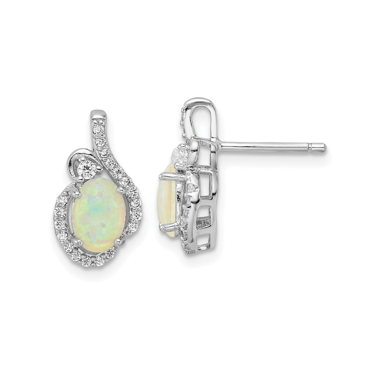 Sterling Silver Opal Stud Earrings with Cubic Zirconia, Oval Lab Created Stone, Swirl Design