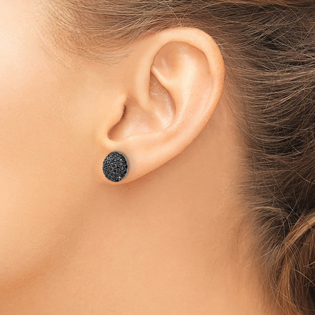 Sterling Silver Dome Stud Earrings with Black Cubic Zirconia Pavé, Modern Statement Style