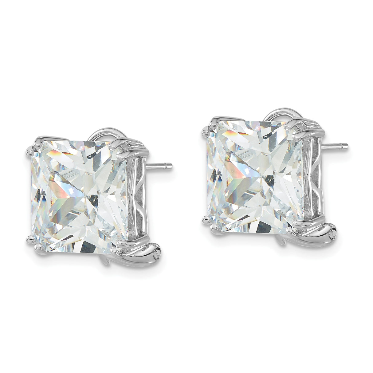 Sterling Silver Stud Earrings with Square Cut Cubic Zirconia, Four Prong Setting, Omega Backs