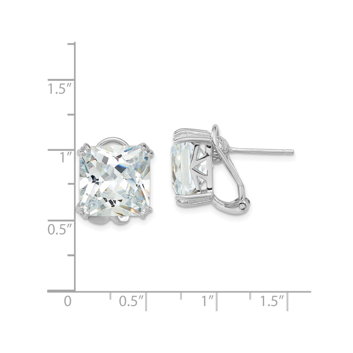 Sterling Silver Stud Earrings with Square Cut Cubic Zirconia, Four Prong Setting, Omega Backs