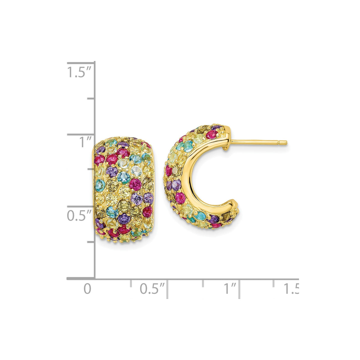 Sterling Silver Gold-Plated Hoop Earrings with Multicolor Cubic Zirconia, Rainbow Style