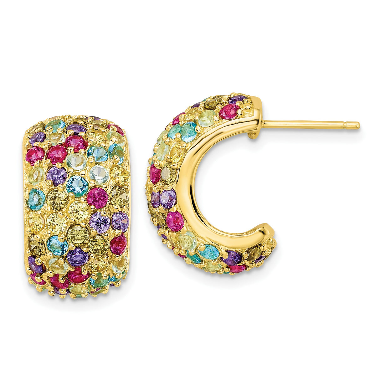 Sterling Silver Gold-Plated Hoop Earrings with Multicolor Cubic Zirconia, Rainbow Style