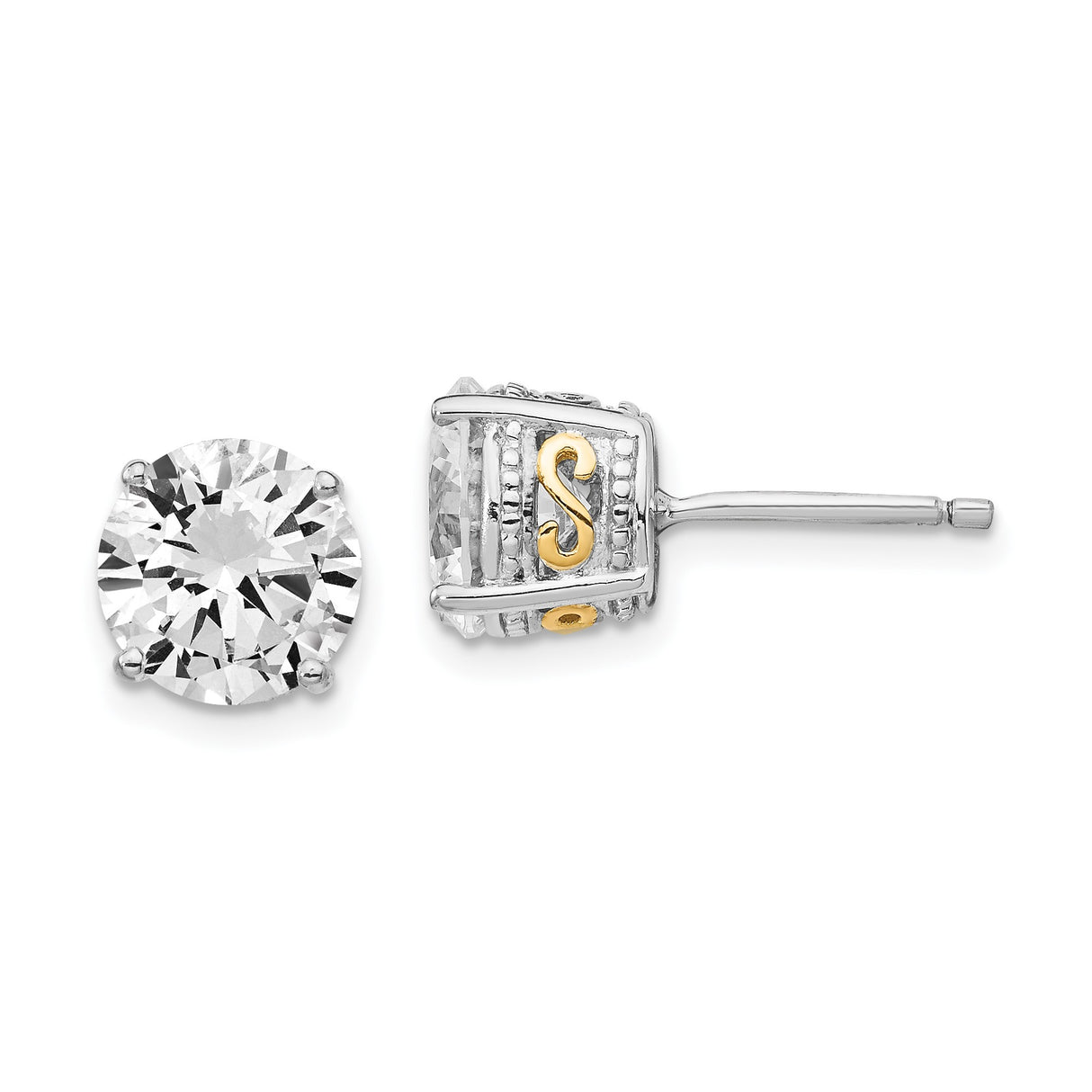 Sterling Silver Stud Earrings with Cubic Zirconia, Gold Accent, Letter S Detail, Minimalist Style