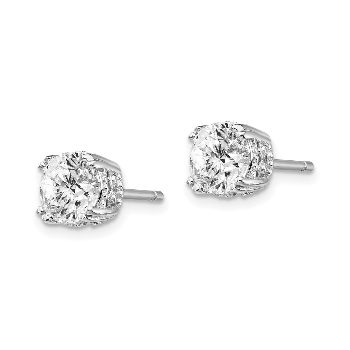 Sterling Silver Stud Earrings with Round Faceted Cubic Zirconia, Prong Setting, Decorative Gallery Design