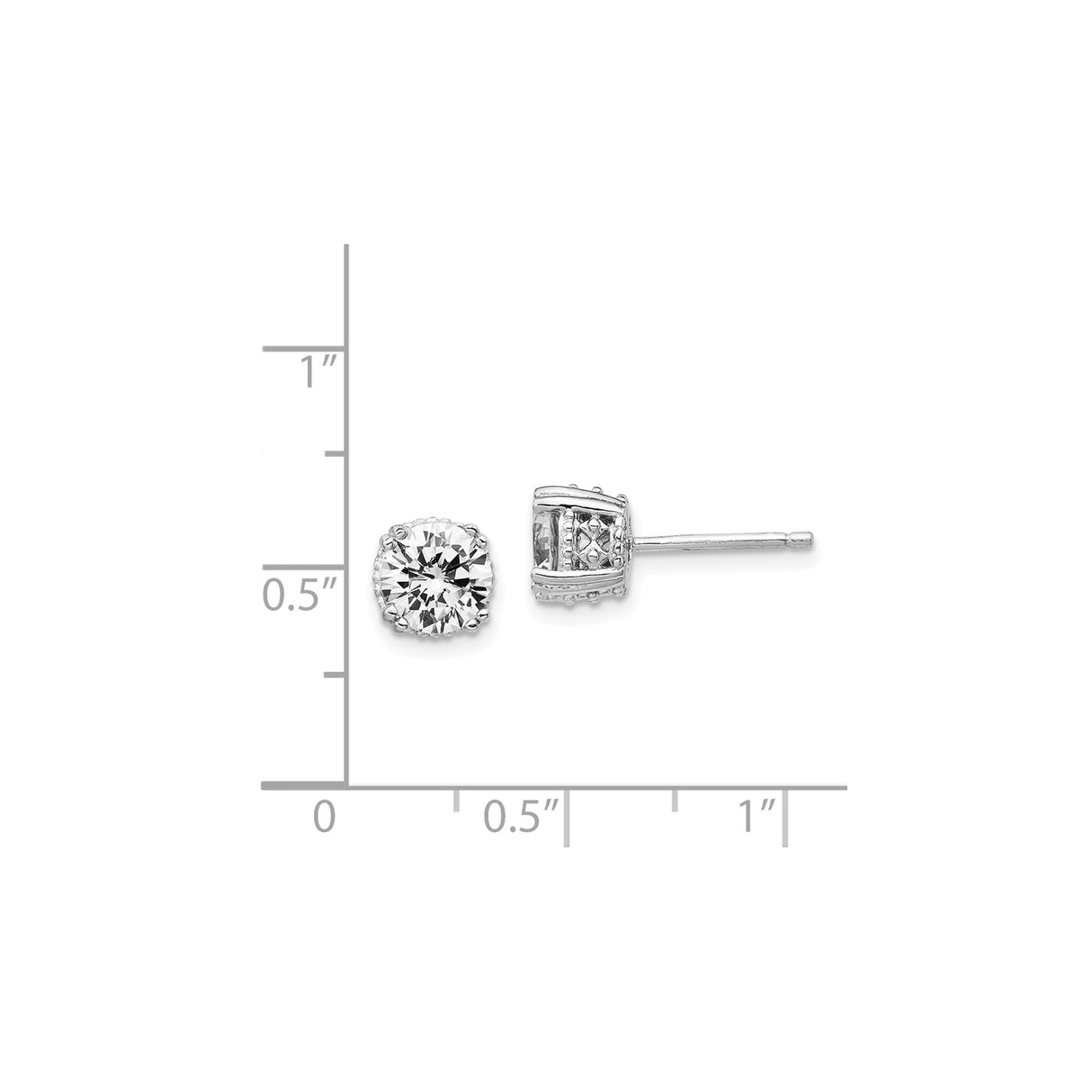 Sterling Silver Stud Earrings with Round Faceted Cubic Zirconia, Prong Setting, Decorative Gallery Design