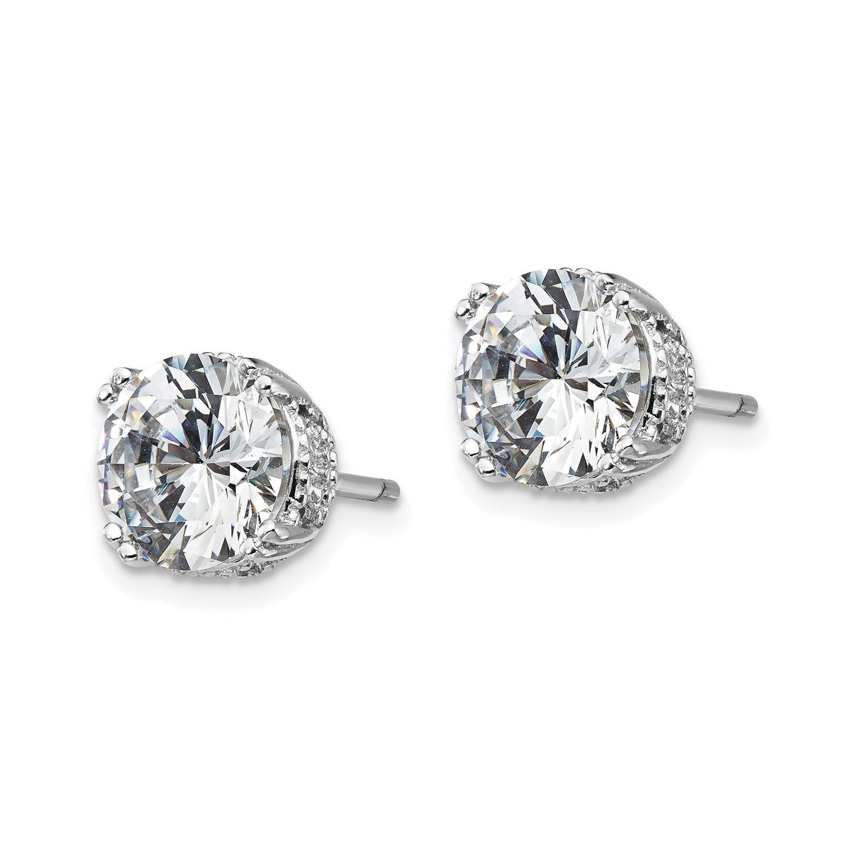 Sterling Silver Stud Earrings with 8mm Round Cubic Zirconia and Halo Setting