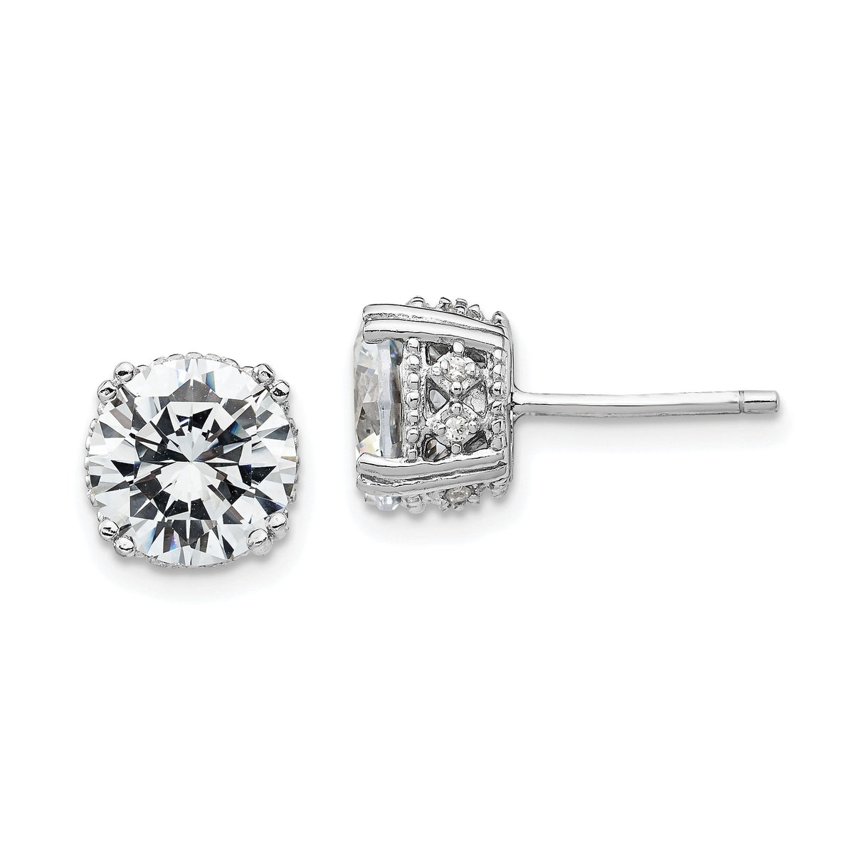 Sterling Silver Stud Earrings with 8mm Round Cubic Zirconia and Halo Setting