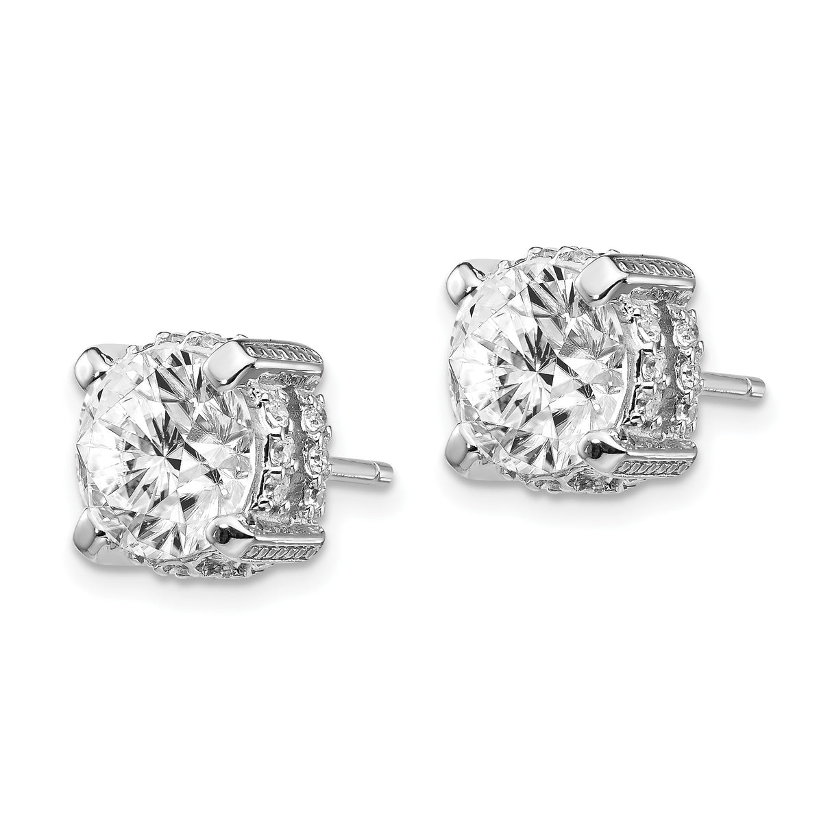 Sterling Silver Stud Earrings with Clear Round Cubic Zirconia and Pavé Accents