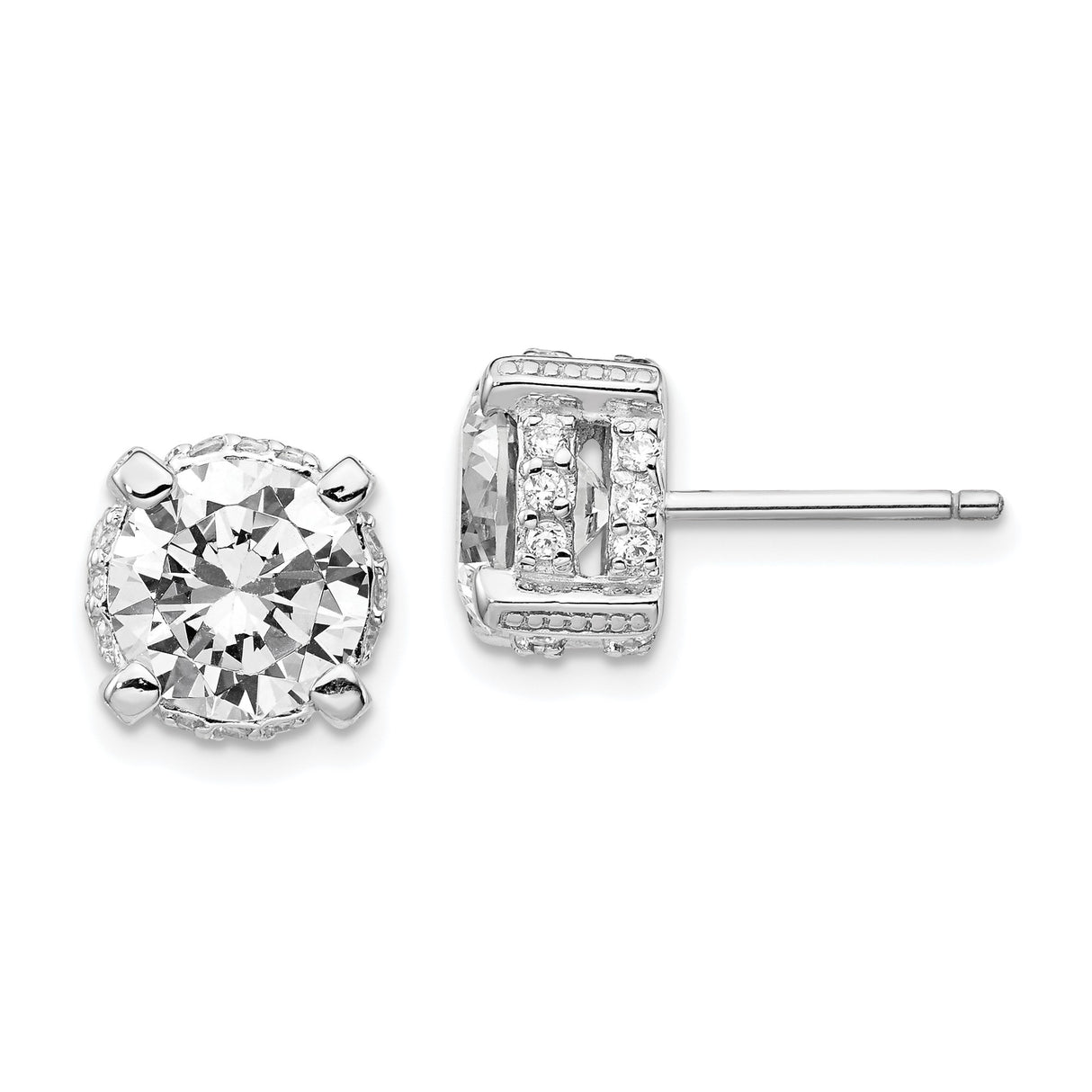 Sterling Silver Stud Earrings with Clear Round Cubic Zirconia and Pavé Accents