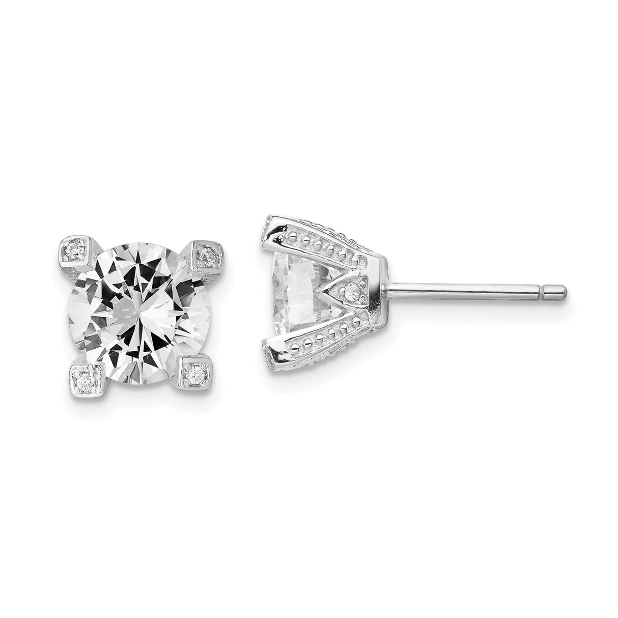 Sterling Silver Stud Earrings with Round-Cut Cubic Zirconia and Accent Stones, Lightweight Design